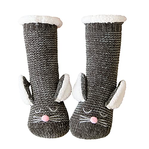 ZAKASA Damen Hüttensocken Wintersocken Haussocken: Stoppersocken Kuschelsocken Warme Dicke Socken mit Innenfrottee ABS Antirutschsohle Lustiges Tiermuster EU 35-41 3D Dunkelgrau Hase 1 Paar von ZAKASA