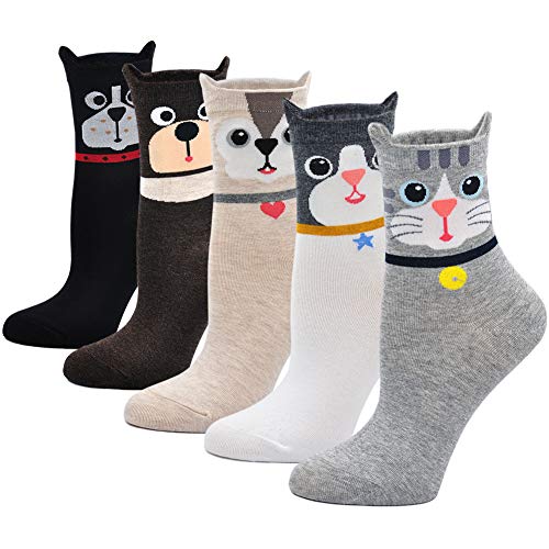 ZAKASA Bunte Damen Socken Baumwolle: Lustige Hunde Witzige Katzen Socken Interessante Frauen Sneakersocken EU 35-41 Tiermuster - 5 Paare von ZAKASA