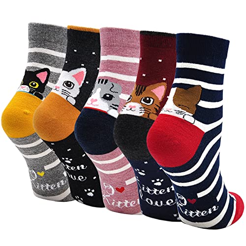 ZAKASA Lustige Socken Damen Baumwolle: Witzige Bunte Interessante Katzen Socken Frauen Sneakersocken Sportsocken EU 35-41 Kitten-5 Paare von ZAKASA