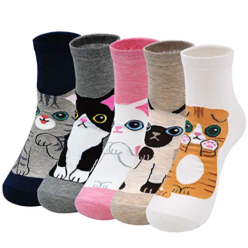 ZAKASA Damen Socken Lustige Katze Charakter Sneaker Socken Frauen Bunte Mini Crew Socken Winter Frühling Weihnachtssocken EU 35-41 5 Paare von ZAKASA