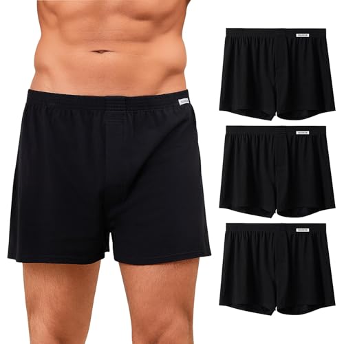 ZAKASA Herren Boxershorts Unterhosen Baumwolle: Lockere Unterwäsche Männer Weit Retroshorts Webboxer mit Knopf Schlitz Atmungsaktiv Ohne Zettel Schwarz L 3er Pack von ZAKASA