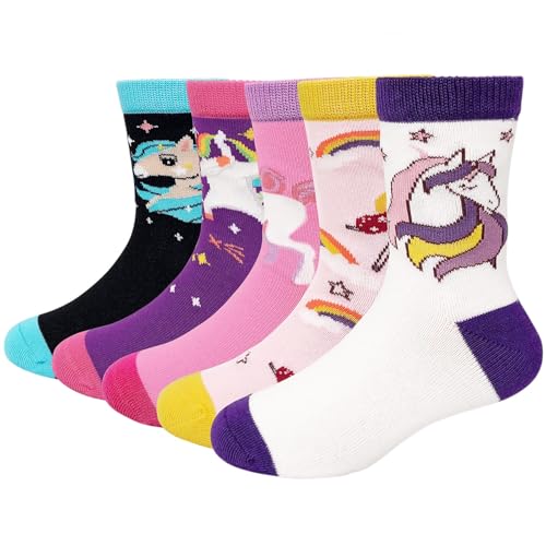 ZAKASA Kinder Mädchen Socken Kindersocken: Lustige Bunte Socken Baumwolle Tiere Streifen Motiv Kinder Strümpfe EU 23-26 Pferd 5 Paare von ZAKASA