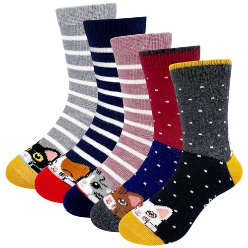 ZAKASA Kinder Mädchen Socken Kindersocken: Lustige Bunte Socken Baumwolle Tiere Streifen Motiv Kinder Strümpfe EU 27-30 Kätzchen 5 Paare von ZAKASA