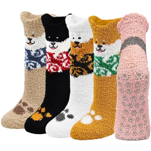 ZAKASA Kuschelsocken Damen Flauschig Socken: Winter Warme Stoppersocken Frauen Bettsocken Haussocken Antirutsch Lustig Tiermotiv Socken mit ABS Noppen Antirutschsohle 35-41 Hund 1 Paar von ZAKASA