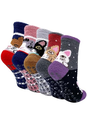 ZAKASA Kuschelsocken Damen Flauschig Socken: Winter Warme Stoppersocken Frauen Bettsocken Haussocken Antirutsch Lustig Tiermotiv Socken mit ABS Noppen Antirutschsohle 35-41 Katze 5 Paare von ZAKASA