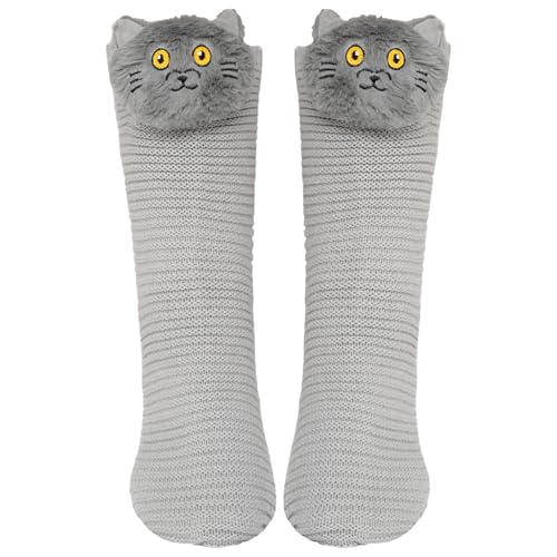 ZAKASA Kuschelsocken Damen Haussocken Stoppersocken: Warme Winter Hausschuhe Socken Frauen Hüttensocken ABS Dicke Lustiges Tiermuster Socken mit Noppen EU 35-41 Graue Katze 1 Paar von ZAKASA