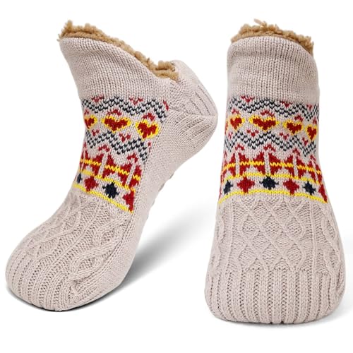 ZAKASA Kuschelsocken Herren Haussocken Hüttensocken: Winter Warme Hausschuhe Socken mit Noppen Männer Stoppersocken Dicke ABS Weihnachten Socken 39-42 Cremefarben 1 Paar von ZAKASA