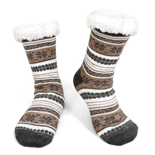 ZAKASA Kuschelsocken Herren Haussocken Stoppersocken: Warme Winter Hausschuhe Socken Männer Hüttensocken ABS Weihnachten Socken Dicke Socken mit Noppen EU 39-45 Graubraun1 Paar von ZAKASA