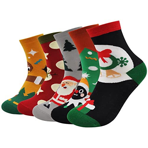 ZAKASA Lustige Damen Weihnachtssocken Sportsocken: Baumwoll Kuschelsocken Bunte Socken mit Weihnachtsmann Motiv Neuheit Christmas Socken Neujahr Geschenk für Frau EU 35-41 Weihnachten-D, 5 Paare von ZAKASA