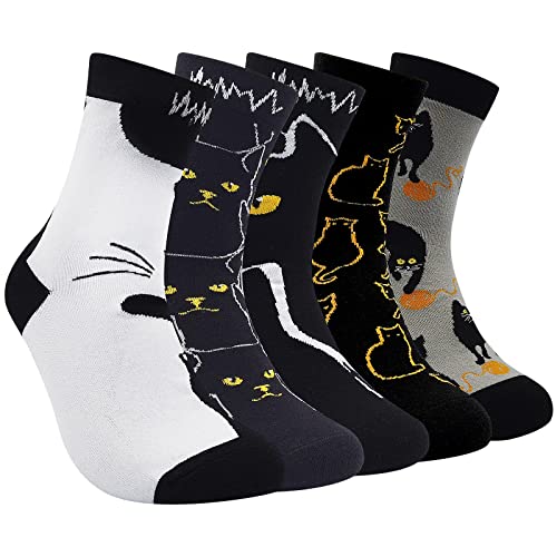 ZAKASA Lustige Socken Damen Baumwolle: Bunte Witzige Katzen Socken Interessante Frauen Tier Socken Mit Hamburger Pizza Pommes Kuchen Hunde Fuchs Panda Motiv Sneakersocken EU 35-41 Coole Katze-5 Paare von ZAKASA