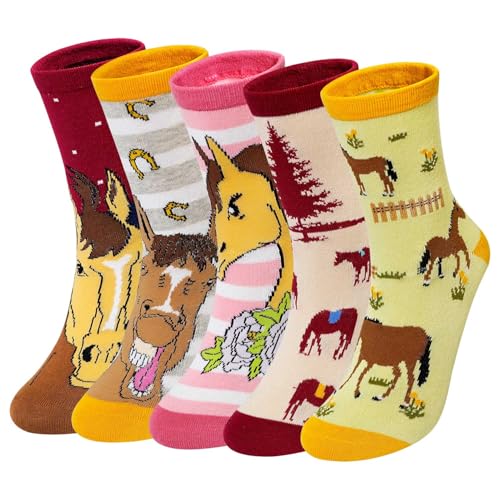 ZAKASA Lustige Socken Damen Baumwolle: Bunte Witzige Socken Interessante Frauen Tier Motiv Sneaker Socken EU 35-41 Pferd 5 Paare von ZAKASA