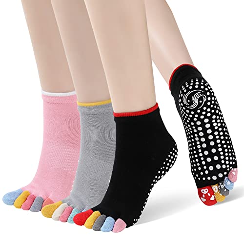 ZAKASA Rutschfeste Damen Yoga Stoppersocken: Bunte Zehensocken für Pilates Tanz Krankenhaus Fitness Sport Lustige Erwachsene Yogasocken mit Grip Gummisohlen EU39-43 Flecken-3 Paare von ZAKASA