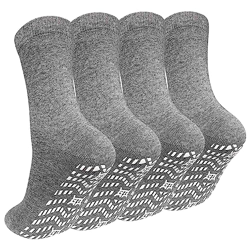 ZAKASA Rutschfeste Socken – rutschfeste Crew-Socken für Männer und Frauen, rutschfeste Socken für ältere Menschen, Krankenhaus, Yoga, Grau, 4er-Pack, Large von ZAKASA