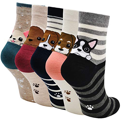 ZAKASA Damen Lustige Bunte Socken: Baumwolle Interessante Hunde Socken Frauen Sportsocken Sneakersocken EU 35-42 Gestreifte Hunde-5 Paare von ZAKASA