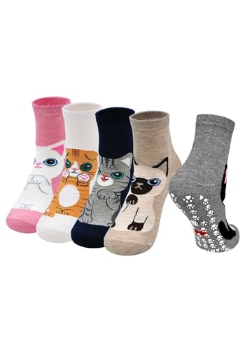 ZAKASA Stoppersocken Damen Rutschfest Socken: Lustige Katzen Socken Damen ABS Witzige Socken Frauen Antirutschsocken Bunte Tiere Motiv Socken mit Noppen EU 35-41 Katze 5 Paare von ZAKASA