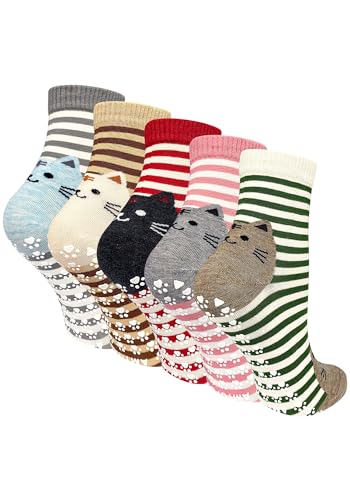 ZAKASA Stoppersocken Damen Rutschfest Socken: Lustige Katzen Socken Damen ABS Witzige Socken Frauen Antirutschsocken Bunte Tiere Motiv Socken mit Noppen EU 35-41 Streifenkatze 5 Paare von ZAKASA