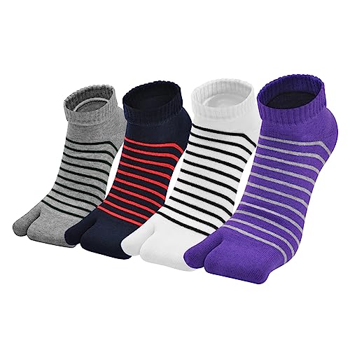 ZAKASA Tabi Socken Damen Zehensocken: Füßlinge Kurzesocken Sneaker Flip Flop Zehensocken Baumwolle Geta Socken Kurze Japanische Zwei-Zehen-Socken Größe 35-41 Streifen-4 Paare von ZAKASA