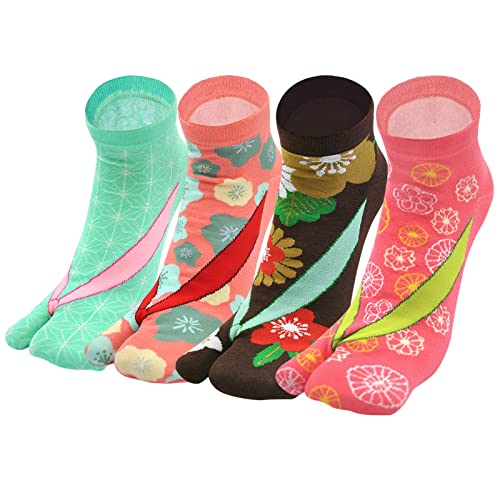 ZAKASA Tabi Socken Damen Zehensocken: Füßlinge Kurzsocken Sneaker Flip Flop Zehensocken Baumwolle Kurze Japanische Geta Socken Größe 35-41 Blume-4 Paare von ZAKASA