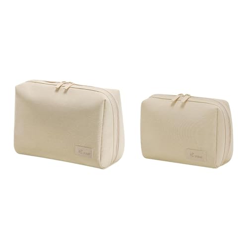 ZAKHSE Kosmetiktasche beige, 2 Pack Kulturtasche Damen, Doppelreißverschluss Wide-Open Makeup Tasche mit Seitentasche und 4 Teilern, Tragbares Make up Beutel Schminktasche für Reisen Zuhause von ZAKHSE