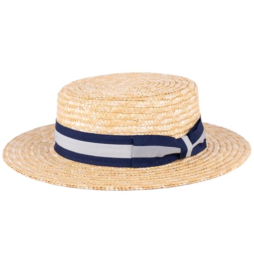 ZAKIRA Straw Boater Hat Handmade in Italy (Navy-Grey-Navy Band, M) von ZAKIRA