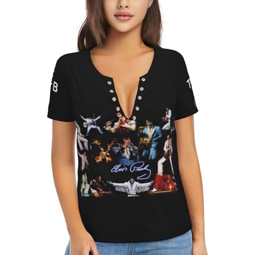 Elvis Singer Rock-Presley T-Shirt für Damen, modisch, grafisch, kurzärmelig, V-Ausschnitt, weiches T-Shirt, ästhetische Streetwear, 10, X-Large von ZALIX