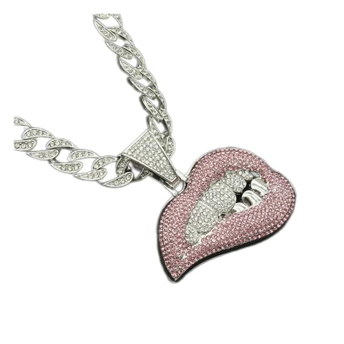 3D Hip Hop Stereo Halskette mit Lippen und Zähnen Anhänger mit 13mm Kristall Kette, Modeschmuck für Damen und Herren A von ZALTAS