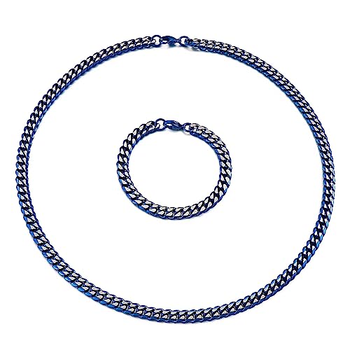 Damen Herren Halskette und Armband Set Blau Gold 8mm Edelstahl Cuban Link Armband Halsketten Armbänder Personalisierte Hip Hop Zubehör, Acryl von ZALTAS