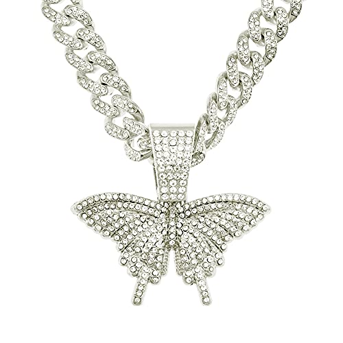 Halskette mit 3D-Schmetterling-Anhänger für Herren und Damen, mit 13 mm Miami-Kette, kubanische Kette, Bling-Halsketten, modischer Charm-Schmuck, Mode-Punk-Accessoires, Silber Halskette mit 3D-Schmetterling-Anhänger für Herren und Damen, mit 13 mm Miami-Kette, kubanische Kette, Bling-Halsketten, modischer Charm-Schmuck, Mode-Punk-Accessoires, Silber von ZALTAS