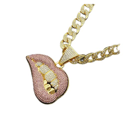 Hip-Hop-Halskette mit 3D-Stereo-Lippenzähnen-Anhänger mit 13 mm Kristallkette, Iced Out Bling Hip-Hop-Halsketten, modischer Charm-Schmuck für Männer und Frauen, B von ZALTAS