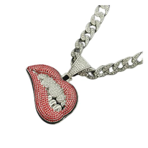 Hip-Hop-Halskette mit 3D-Stereo-Lippenzähnen-Anhänger mit 13 mm Kristallkette, Iced Out Bling Hip-Hop-Halsketten, modischer Charm-Schmuck für Männer und Frauen, C von ZALTAS