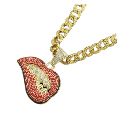 Hip-Hop-Halskette mit 3D-Stereo-Lippenzähnen-Anhänger mit 13 mm Kristallkette, Iced Out Bling Hip-Hop-Halsketten, modischer Charm-Schmuck für Männer und Frauen, D von ZALTAS