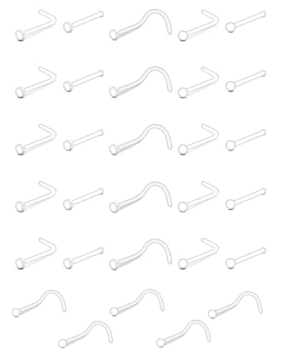 ZAMXHUG 20G Plastik Nasenstecker Verstecken Piercing für Schule, 7mm Kunststoff Klar Nase Piercing Korkenzieher L Form, Clear Piercing Retainers Schmuck-Set für Frauen Männer, 30pcs von ZAMXHUG