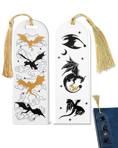ZAMXHUG 2PCS Schwarzes goldenes Drachen-Lesezeichen - Doppelseitiges Muster, Transparent Acryl, cooles Drachen-Lesezeichen mit Sonne und Wolken, Bücherregal-Dekoration für Jungen/Mädchen,Buchliebhaber von ZAMXHUG