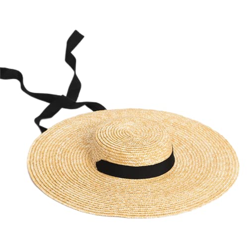 ZANGAO Wide Brim Boater Hat 19cm 15cm 10cm Krempe Strohhut Flache Frauen-Sommer-Hut-Weiß-Schwarz-Band-Bindung Sonnenhut Strand Cap (Color : Primary Black Band, Size : 19cm Brim) von ZANGAO