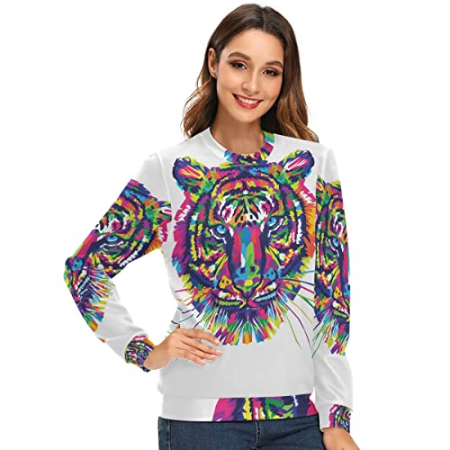 ZANHUGMI Damen-Sweatshirt mit buntem Tiger-Motiv, weiches Fleece, leicht, lässig, mit Rundhalsausschnitt, 1, S von ZANHUGMI