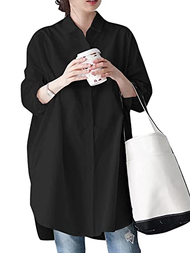 ZANZEA Bluse Damen Elegant V-Ausschnitt Langarm Tunika Oversize Lässig Leinenbluse Sommer Große Größen Hemdbluse mit Kragen Longbluse I-Schwarz 4XL von ZANZEA