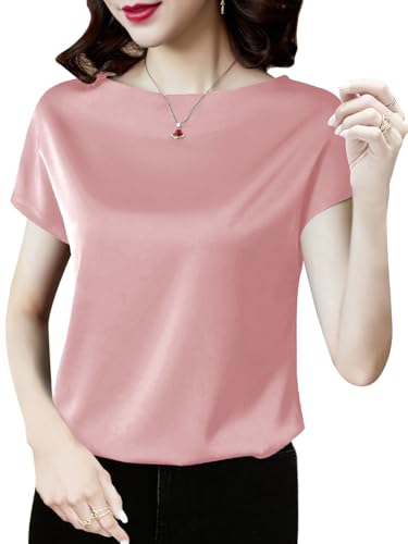 ZANZEA Bluse Damen Sommer Kurzarm Rundhals T-Shirts Satin Elegant Hemd Lässiges Locker Tunika Tops Rosa 4XL ZANZEA Bluse Damen Sommer Kurzarm Rundhals T-Shirts Satin Elegant Hemd Lässiges Locker Tunika Tops Rosa 4XL von ZANZEA