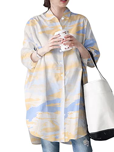 ZANZEA Bluse Oversize Damen V-Ausschnitt Langarm Tunika Große Größen Sommer Leinenbluse Elegant Longbluse mit Kragen J-Blau 3XL von ZANZEA