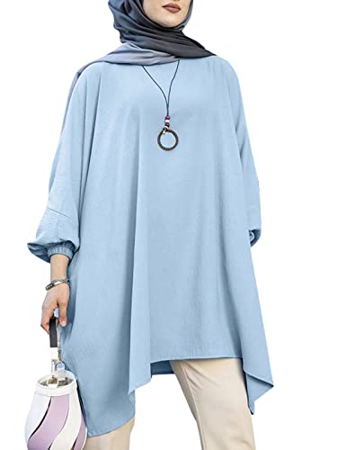 ZANZEA Blusen Damen Sommer Langarm Elegant O-Neck Lose Tunika Einfarbig Puffärmel Oberteile Muslim Asymmetrische Lange Shirts C-Blau XXL von ZANZEA