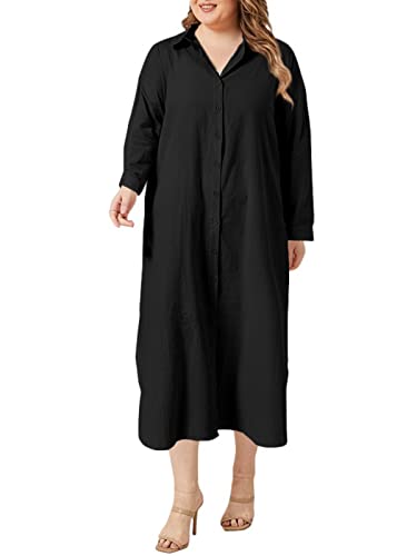 ZANZEA Blusenkleid Damen Langarm Lose Lang Hemdblusenkleid V-Ausschnitt Gebogene Saum Sommerkleid Große Größen Freizeitkleider D-Schwarz 4XL von ZANZEA