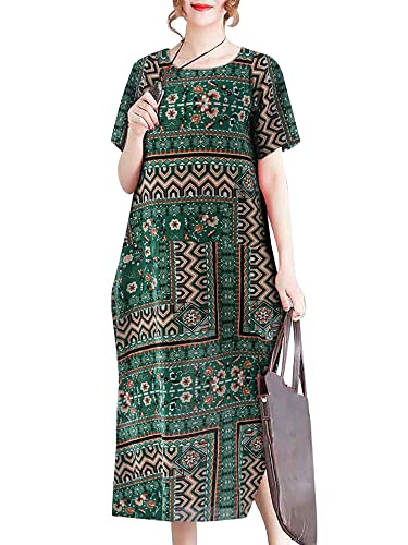 ZANZEA Boho Kleid Damen Lang Kurzarm Sommerkleid Elegant O-Ausschnitt Maxikleid Leinenkleid Blumenkleid Geschlitzt Tunika Kleid C-Grün 4XL von ZANZEA