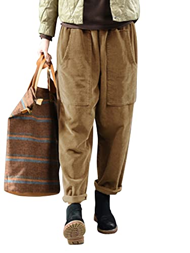 ZANZEA Cordhose Damen Winter High Waist Gerades Bein Hosen Elastische Taille Tapered Freizeithose Corduroy Einfarbig Hose mit Taschen A-Khaki 3XL von ZANZEA