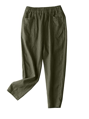 ZANZEA Culottes Hosen Damen Lose Sommer Leinenhose Große Größen Einfarbig Jogginghose Leichte Arbeitshose mit Tasche C-Armeegrün 3XL von ZANZEA