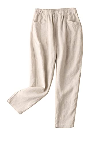 ZANZEA Culottes Hosen Damen Lose Sommer Leinenhose Große Größen Einfarbig Jogginghose Leichte Arbeitshose mit Tasche C-Beige 3XL von ZANZEA