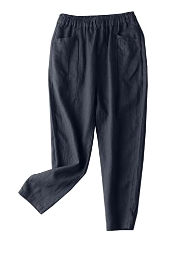 ZANZEA Culottes Hosen Damen Lose Sommer Leinenhose Große Größen Einfarbig Jogginghose Leichte Arbeitshose mit Tasche C-Marineblau L von ZANZEA