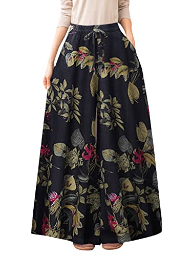 ZANZEA Damen Blumen Palazzo Haremshose mit Kordelzug weitem Bein hohe Taille Lange Casual Fit Trousers Freizeithose Pants D-Navy L von ZANZEA