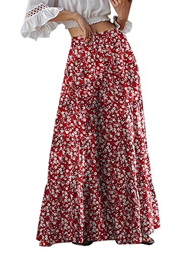 ZANZEA Damen Blumen hoher Taille Palazzo Hose mit weitem Bein Lange Einfarbig Casual Freizeithose Pants rot 4XL von ZANZEA