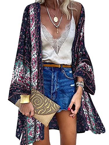 ZANZEA Damen Blumendruck Kimono Strickjacke Boho Strandkleid Pareos Poncho Sommer Strand Bikini Cover Up Boho-Marine 5XL von ZANZEA