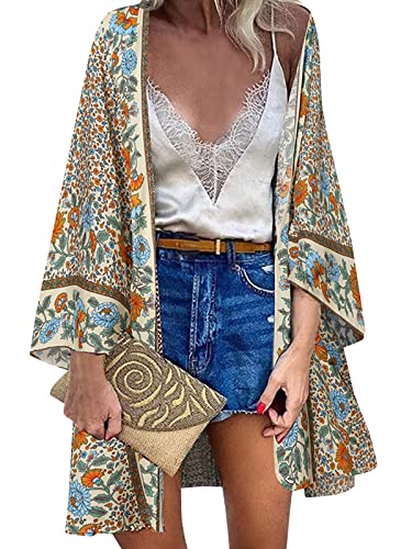 ZANZEA Damen Blumendruck Kimono Strickjacke Boho Strandkleid Pareos Poncho Sommer Strand Bikini Cover Up Blumen-Beige 3XL von ZANZEA