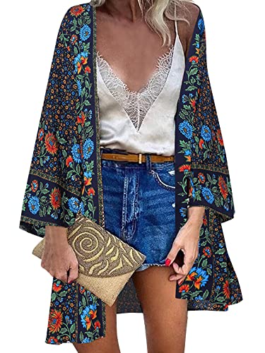 ZANZEA Damen Blumendruck Kimono Strickjacke Boho Strandkleid Pareos Poncho Sommer Strand Bikini Cover Up Blumen-Blau 3XL von ZANZEA